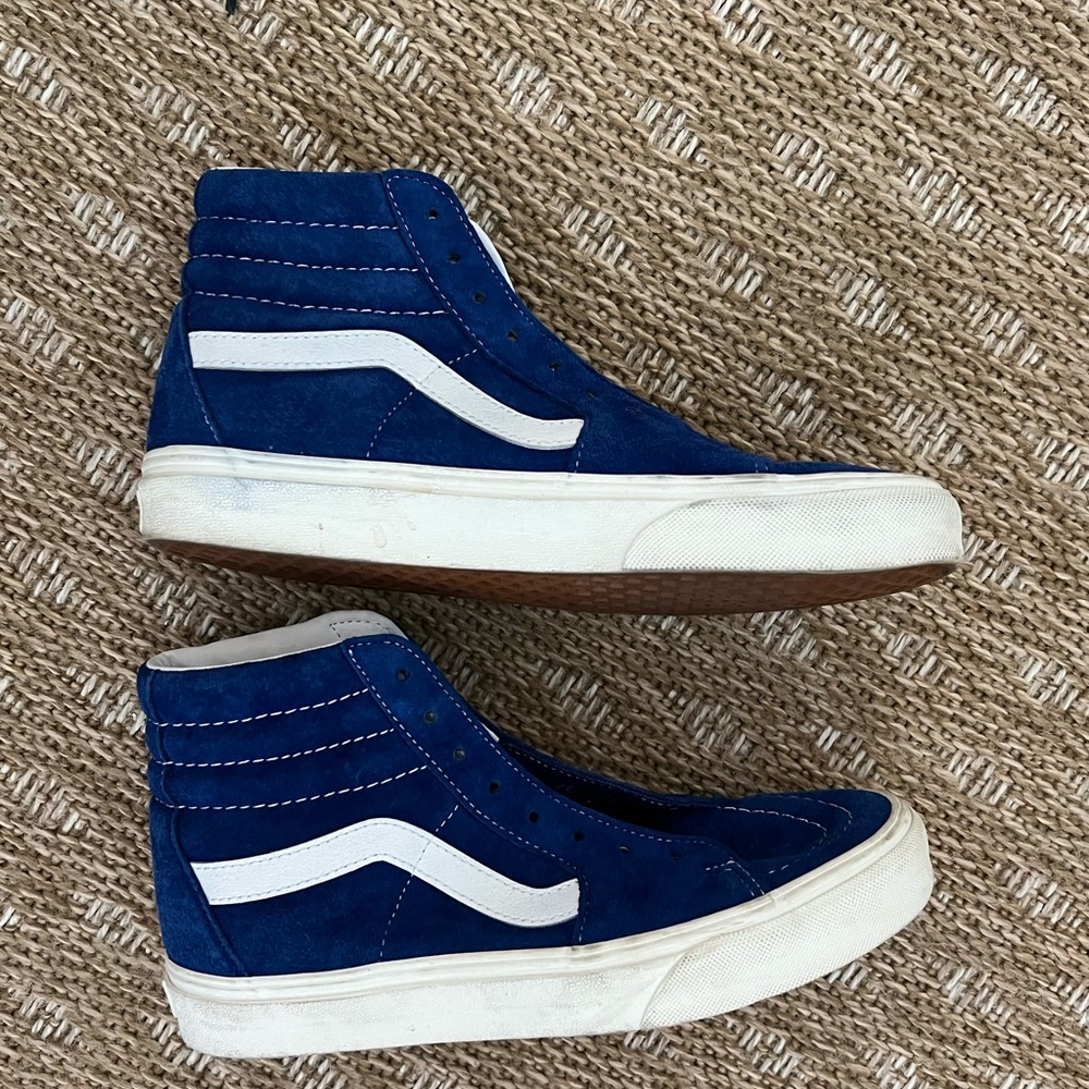 Women's Vans Blue Suede Sk8-Hi Sneakers with White Side Stripe